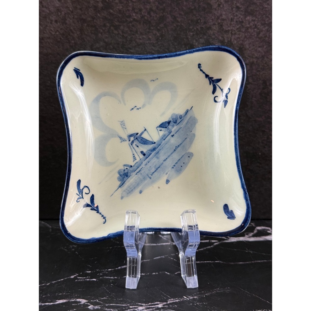Vintage Delft Blue Ceramic Diamond Shaped 4in Trinket Dish Ashtray Windmill